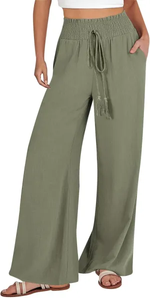 Women Linen Summer Tie Knot Palazzo Lounge Pants Elastic Waist Stretchy Slim-Fit Palazzo Lounge Pants Business Work
