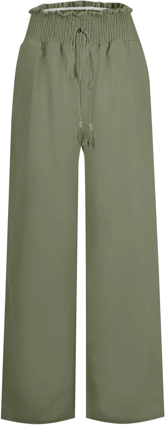 Women Linen Summer Tie Knot Palazzo Lounge Pants Elastic Waist Stretchy Slim-Fit Palazzo Lounge Pants Business Work