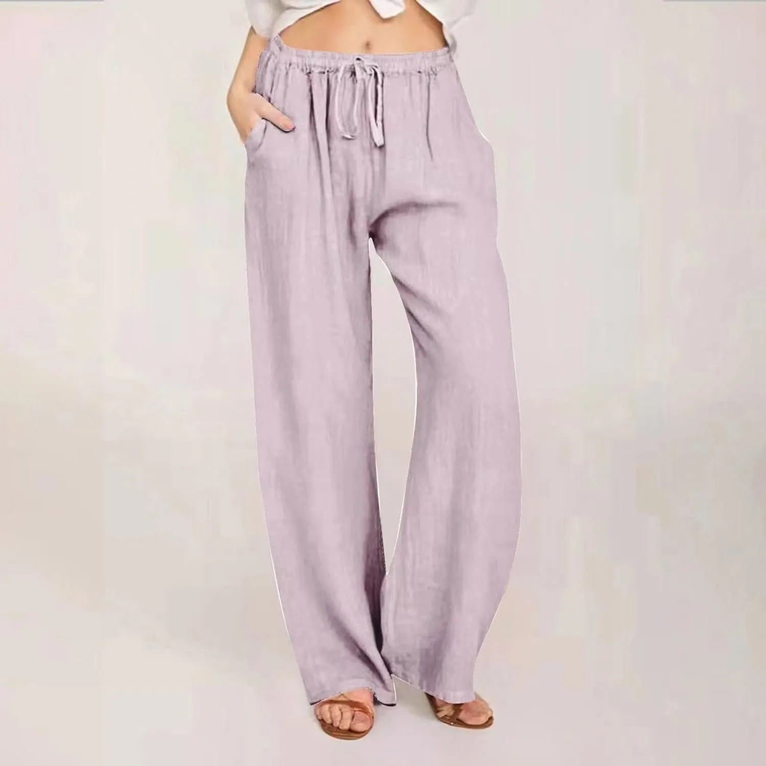 Women Linen Summer Tie Knot Palazzo Pants Low Waist Bootcut Loose Fit Trouser Trendy