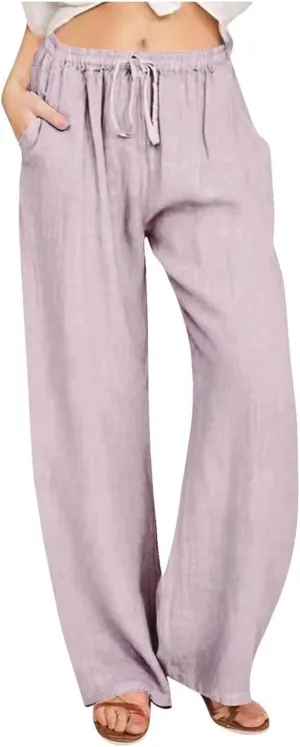 Women Linen Summer Tie Knot Palazzo Pants Low Waist Bootcut Loose Fit Trouser Trendy