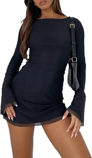 Women Long Sleeve Mini Dress Sexy Boat Neck Mesh Bell Sleeve Self Tie Back Sheer Backless Bodycon Y2k Short Dresses
