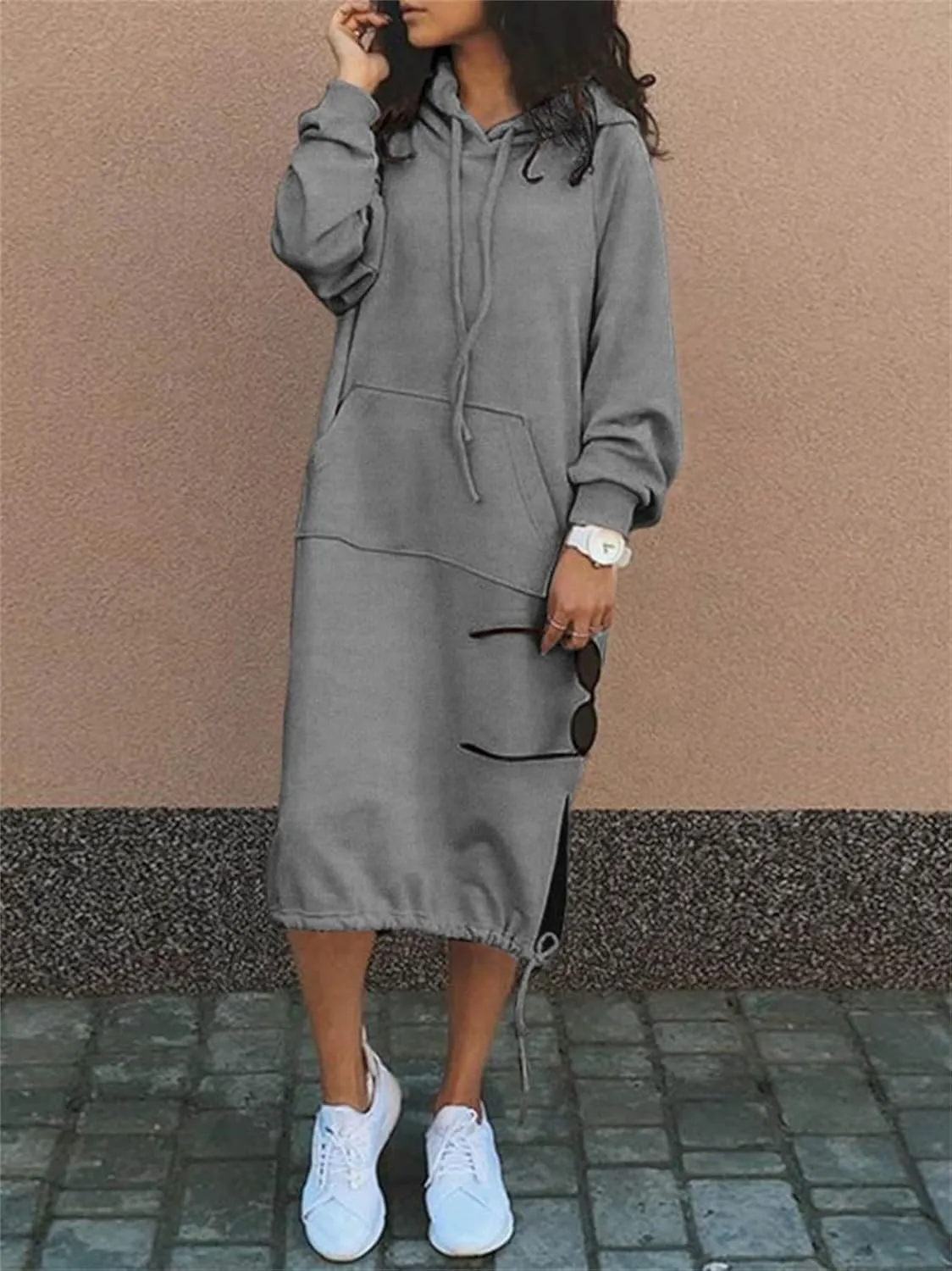 Women Maxi Hoodies Dress Casual Long Dresses Fashion Split Hem Drawstring Hooded Long Sleeve Sweatshirt with Pockets
