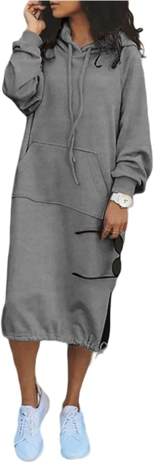 Women Maxi Hoodies Dress Casual Long Dresses Fashion Split Hem Drawstring Hooded Long Sleeve Sweatshirt with Pockets