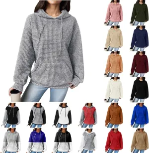 Women Oversized Hoodies Casual Basic Waffle Long Sleeve Pullover Top Solid Hooded Sweatshirt with Pocket