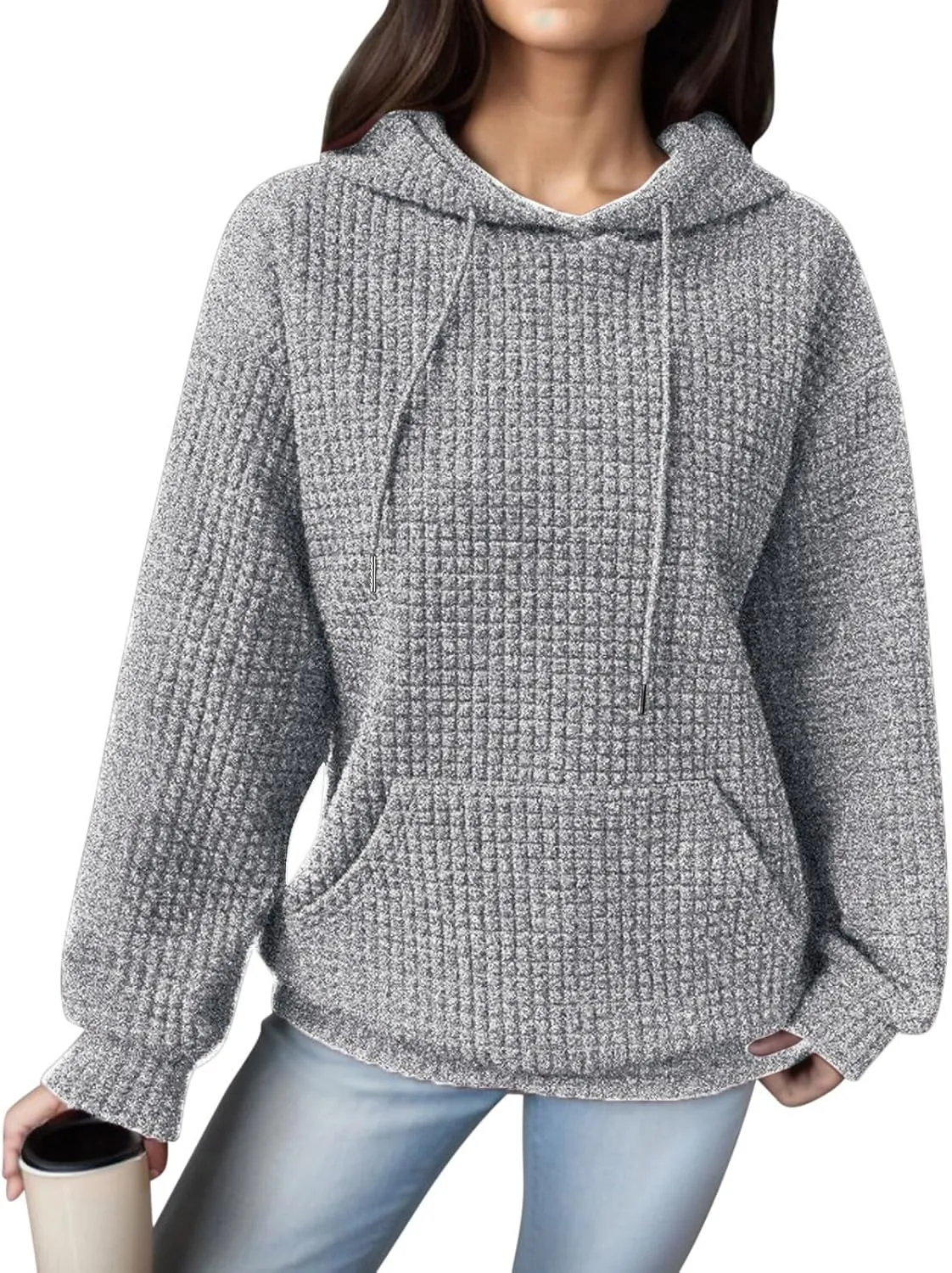 Women Oversized Hoodies Casual Basic Waffle Long Sleeve Pullover Top Solid Hooded Sweatshirt with Pocket