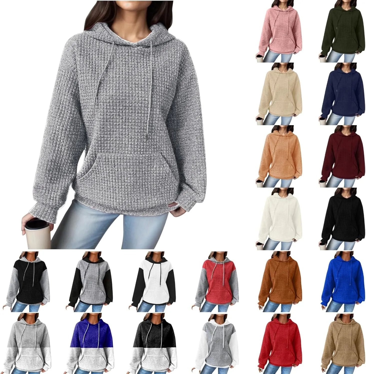Women Oversized Hoodies Casual Basic Waffle Long Sleeve Pullover Top Solid Hooded Sweatshirt with Pocket
