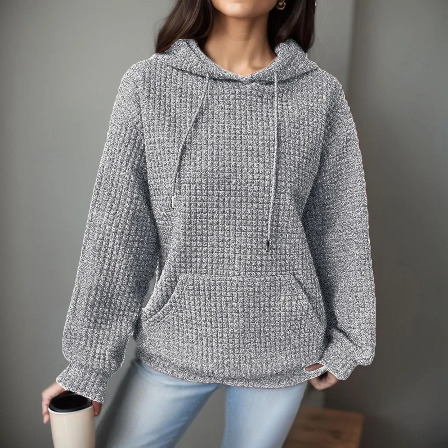 Women Oversized Hoodies Casual Basic Waffle Long Sleeve Pullover Top Solid Hooded Sweatshirt with Pocket