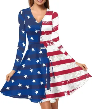 Women S-4Xl Stretchy Loose Flared Plus Size Long Sleeve V Neck Christmas Party Dresses