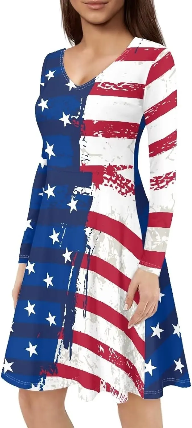 Women S-4Xl Stretchy Loose Flared Plus Size Long Sleeve V Neck Christmas Party Dresses