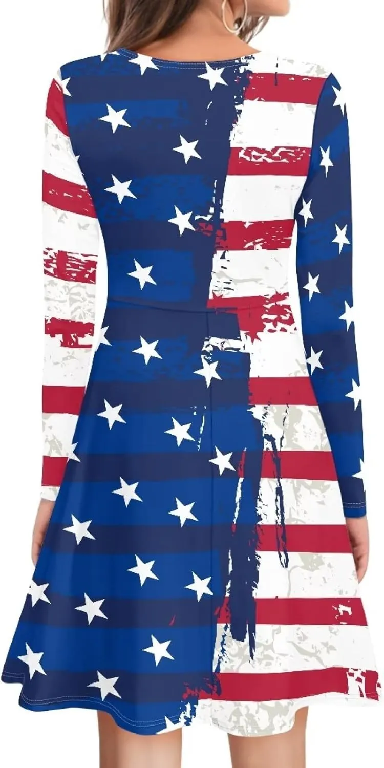 Women S-4Xl Stretchy Loose Flared Plus Size Long Sleeve V Neck Christmas Party Dresses
