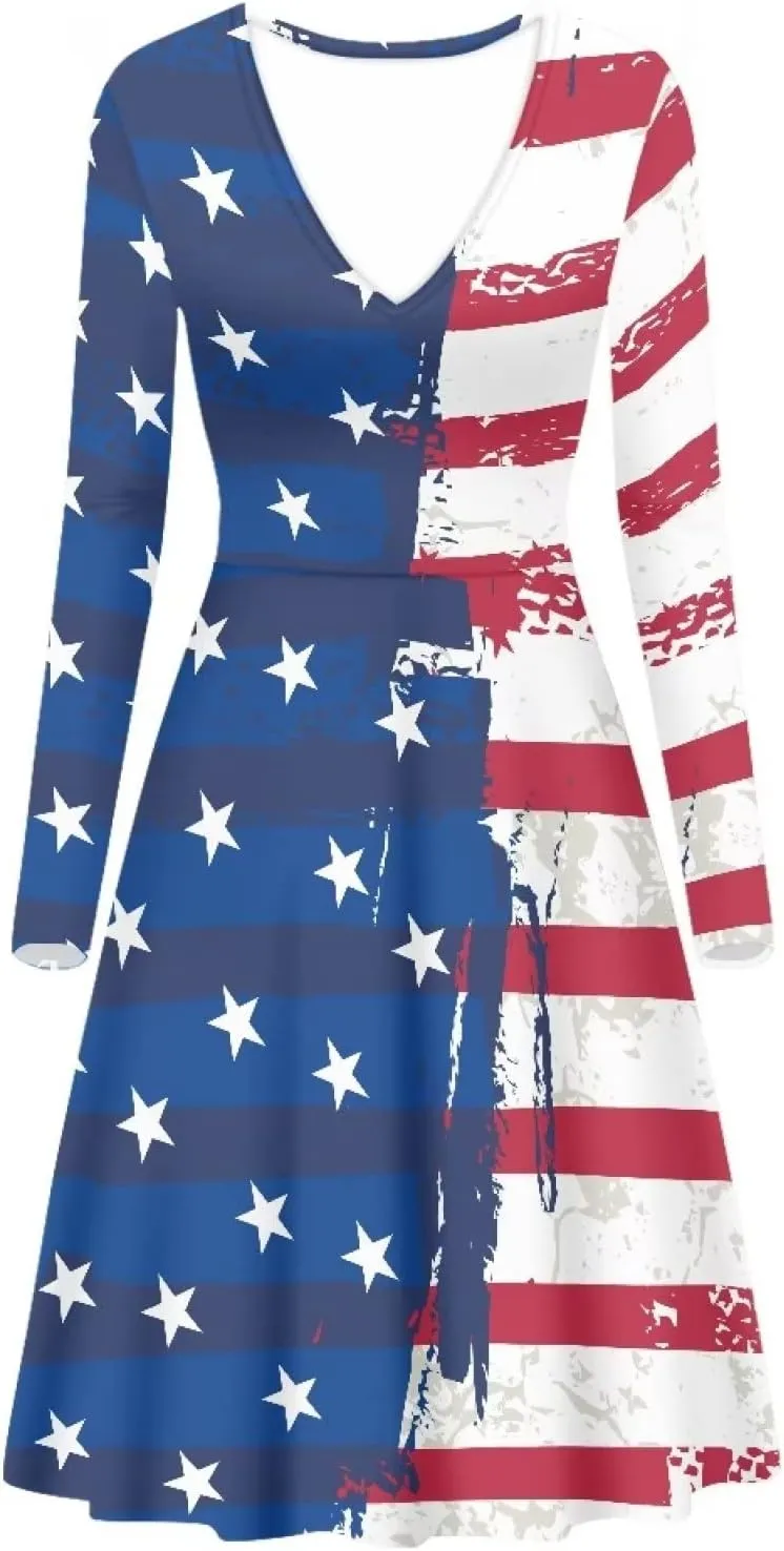 Women S-4Xl Stretchy Loose Flared Plus Size Long Sleeve V Neck Christmas Party Dresses