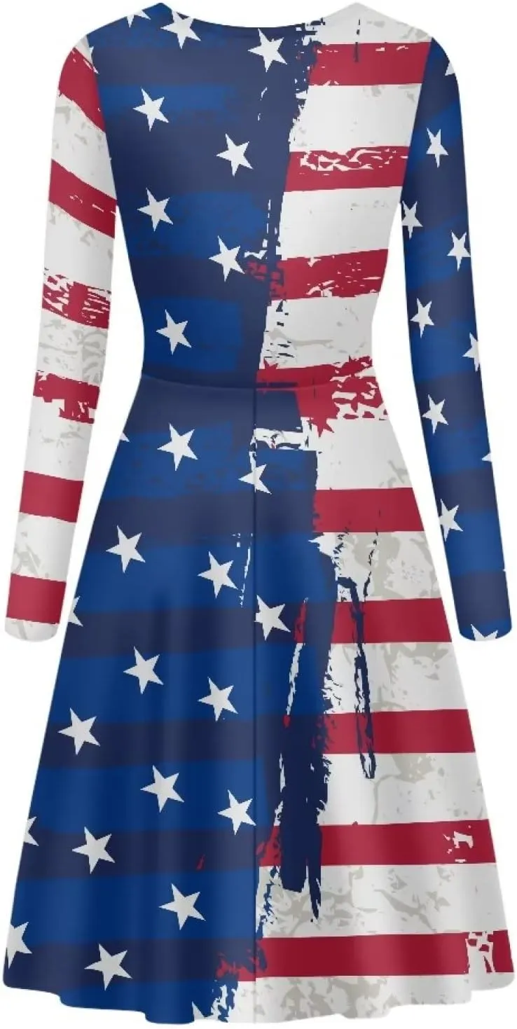 Women S-4Xl Stretchy Loose Flared Plus Size Long Sleeve V Neck Christmas Party Dresses
