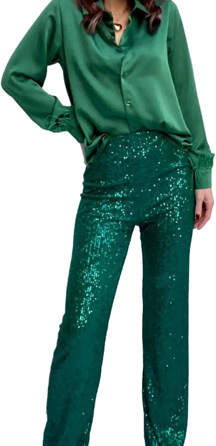 Women Sequins Trousers Wide Leg Shiny Loose Casual Elastic High Waist Glitter Hot Pants Concert Outfits