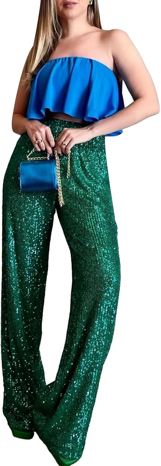 Women Sequins Trousers Wide Leg Shiny Loose Casual Elastic High Waist Glitter Hot Pants Concert Outfits