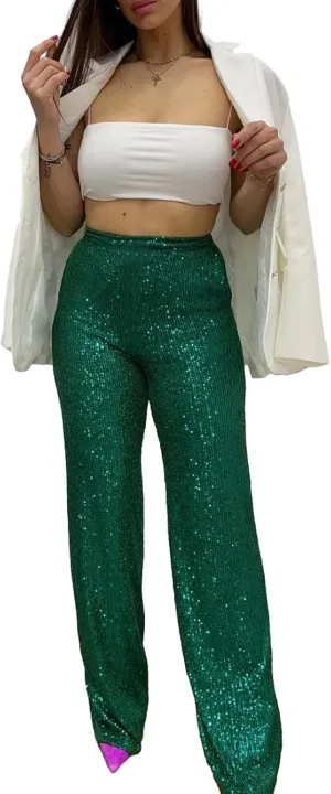 Women Sequins Trousers Wide Leg Shiny Loose Casual Elastic High Waist Glitter Hot Pants Concert Outfits
