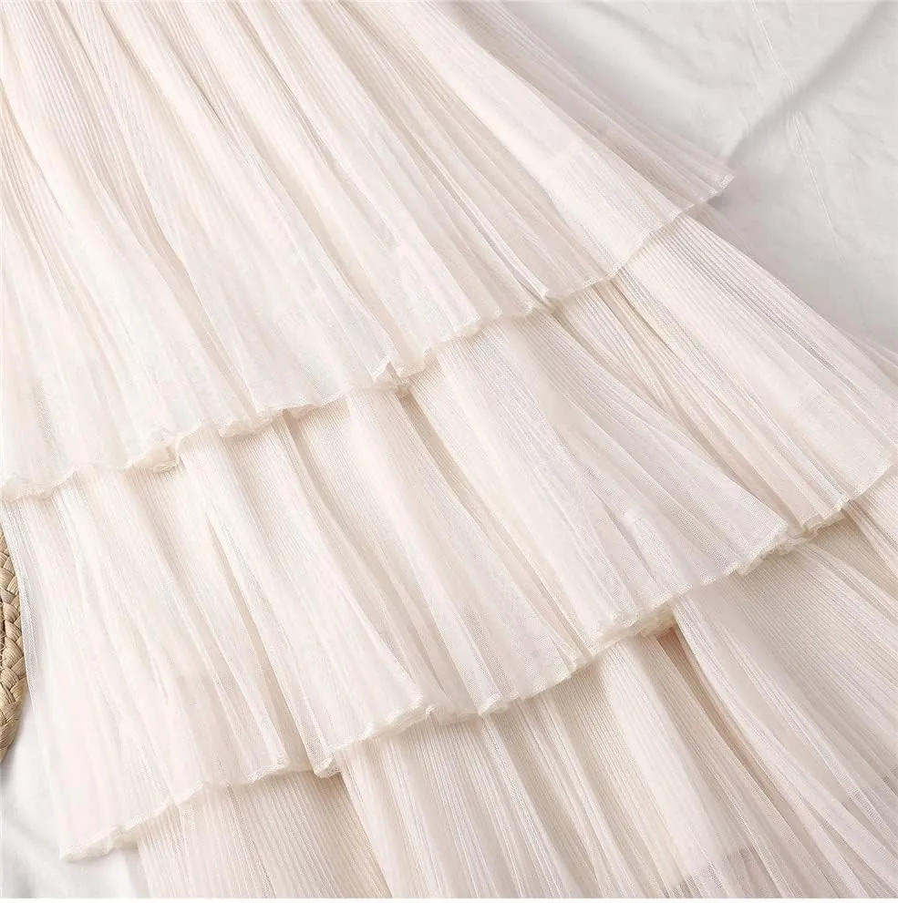 Women Summer Cake Skirt Tulle Skirts Fashion Elastic High Waist Midi Skirt Pleated Female Skirts