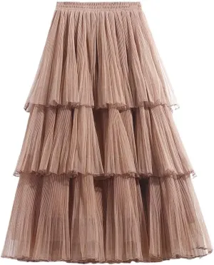 Women Summer Cake Skirt Tulle Skirts Fashion Elastic High Waist Midi Skirt Pleated Female Skirts