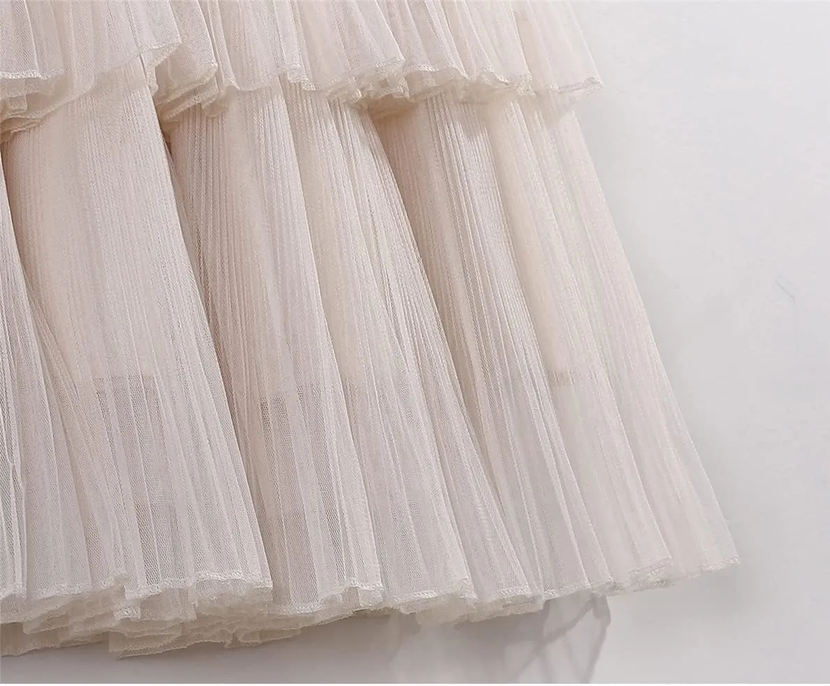 Women Summer Cake Skirt Tulle Skirts Fashion Elastic High Waist Midi Skirt Pleated Female Skirts