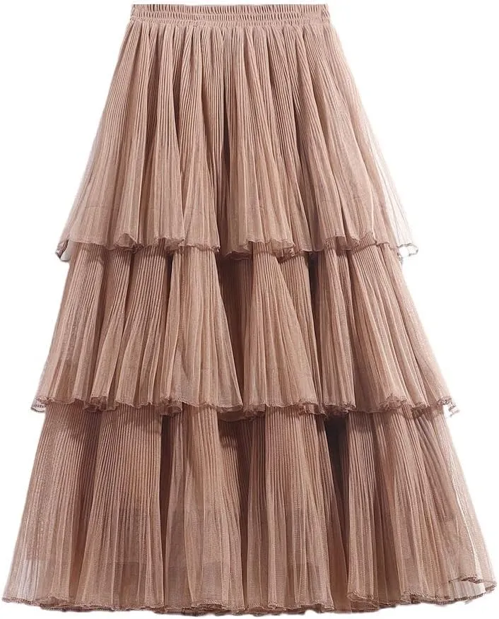 Women Summer Cake Skirt Tulle Skirts Fashion Elastic High Waist Midi Skirt Pleated Female Skirts