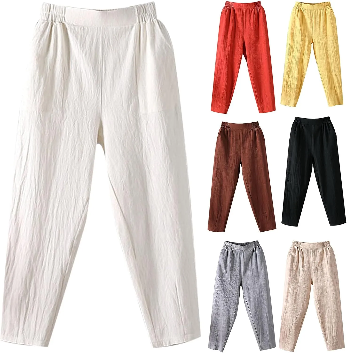 Women Summer Casual Linen Pants Straight Leg Elastic Waist Cropped Pant with Pockets Fashion Holiday Yoga Trousers