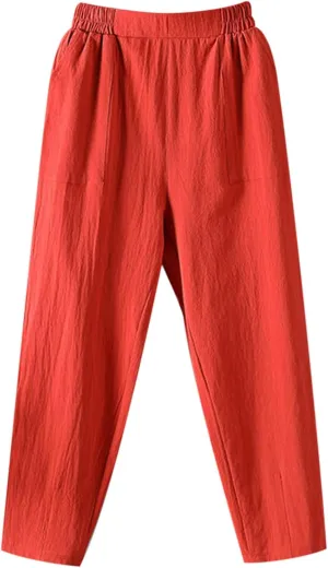 Women Summer Casual Linen Pants Straight Leg Elastic Waist Cropped Pant with Pockets Fashion Holiday Yoga Trousers