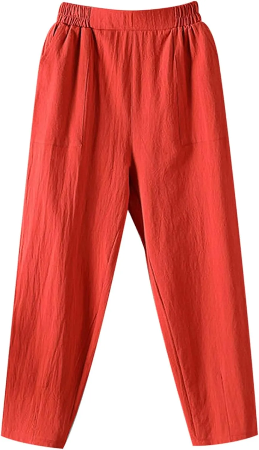 Women Summer Casual Linen Pants Straight Leg Elastic Waist Cropped Pant with Pockets Fashion Holiday Yoga Trousers