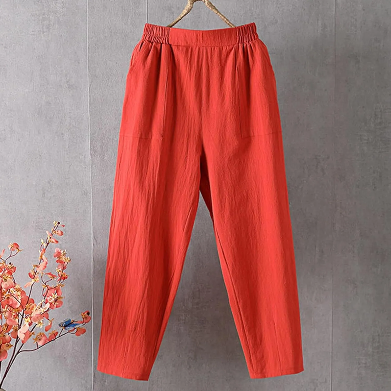 Women Summer Casual Linen Pants Straight Leg Elastic Waist Cropped Pant with Pockets Fashion Holiday Yoga Trousers