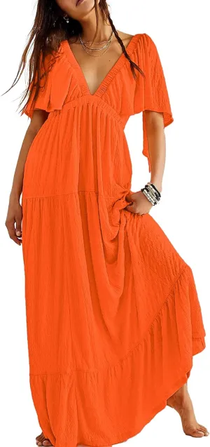 Women Summer Dresses Sexy V-Neck Maxi Dress Tiered Silhouette with Flutter Sleeve Backless Elastic Waist Flowy Dress