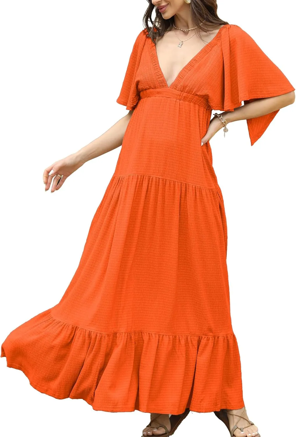 Women Summer Dresses Sexy V-Neck Maxi Dress Tiered Silhouette with Flutter Sleeve Backless Elastic Waist Flowy Dress