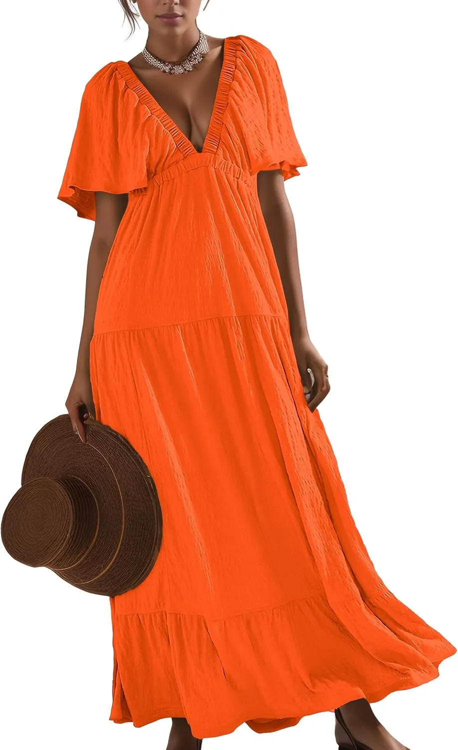Women Summer Dresses Sexy V-Neck Maxi Dress Tiered Silhouette with Flutter Sleeve Backless Elastic Waist Flowy Dress