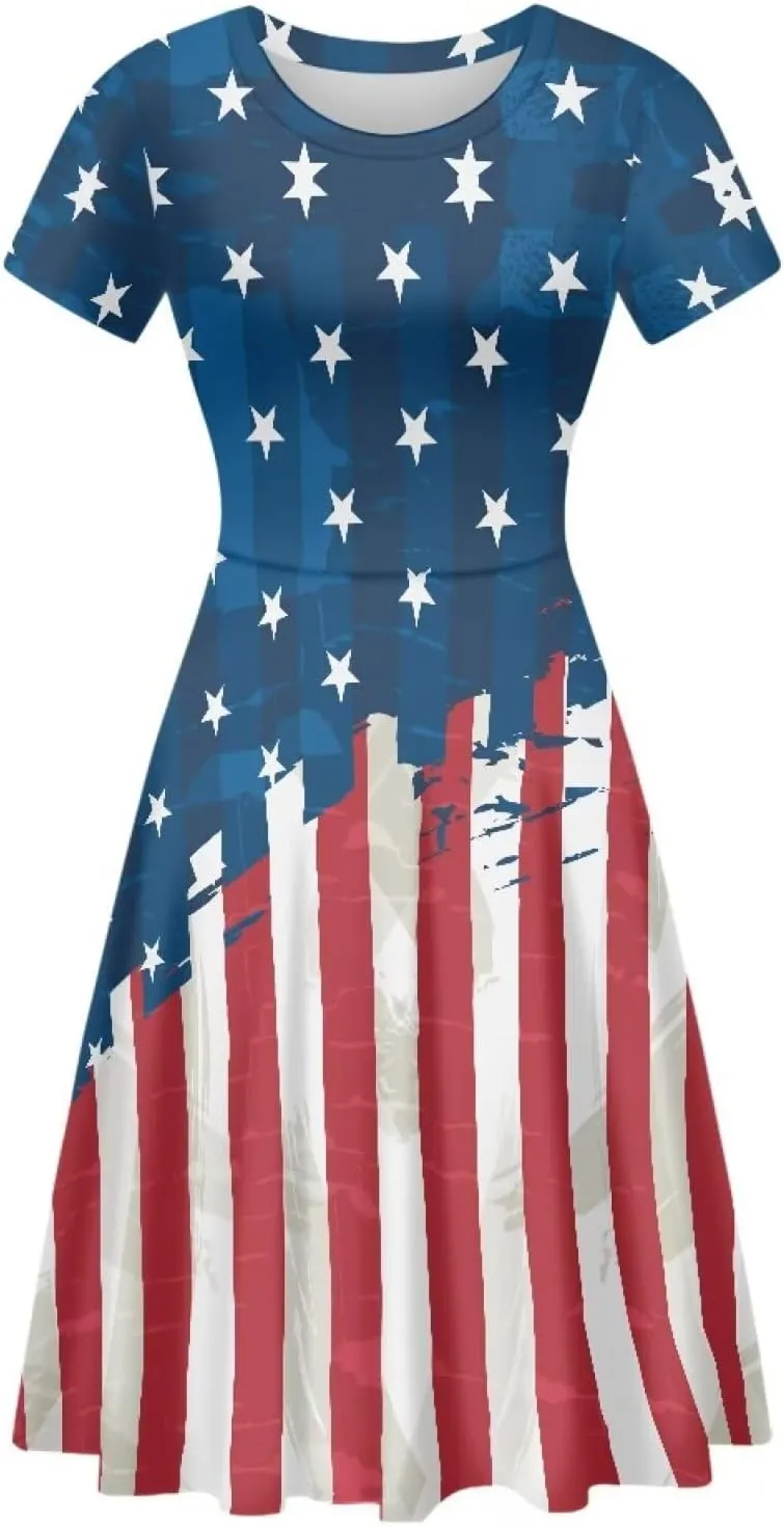 Women Summer Dresses Short Sleeve Casual Swing Dresses A-line Flare Skater Dress Holiday Beach Sundress Size S-4XL