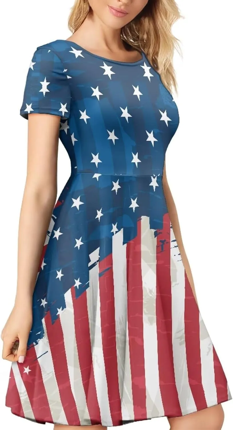 Women Summer Dresses Short Sleeve Casual Swing Dresses A-line Flare Skater Dress Holiday Beach Sundress Size S-4XL