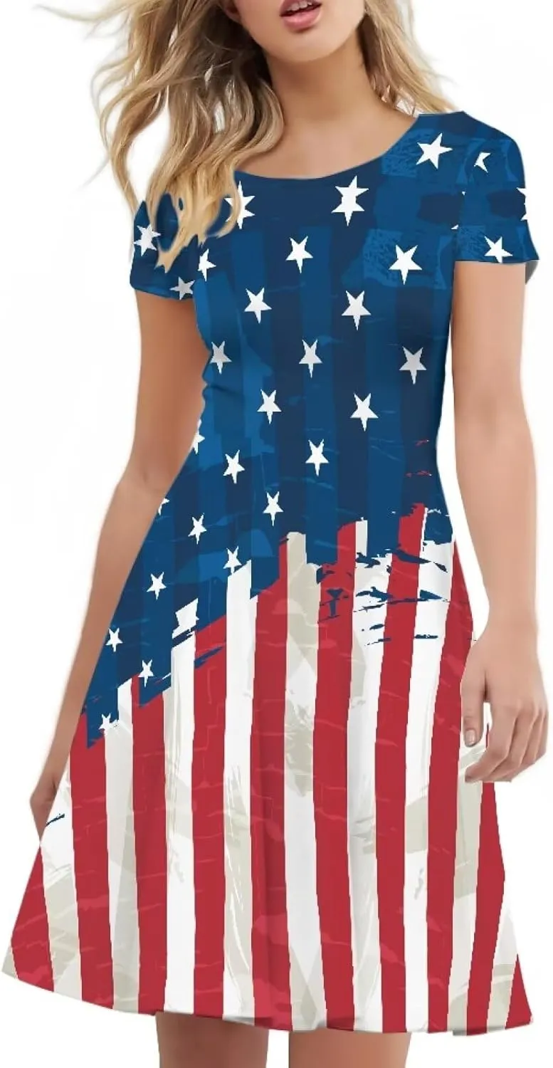 Women Summer Dresses Short Sleeve Casual Swing Dresses A-line Flare Skater Dress Holiday Beach Sundress Size S-4XL