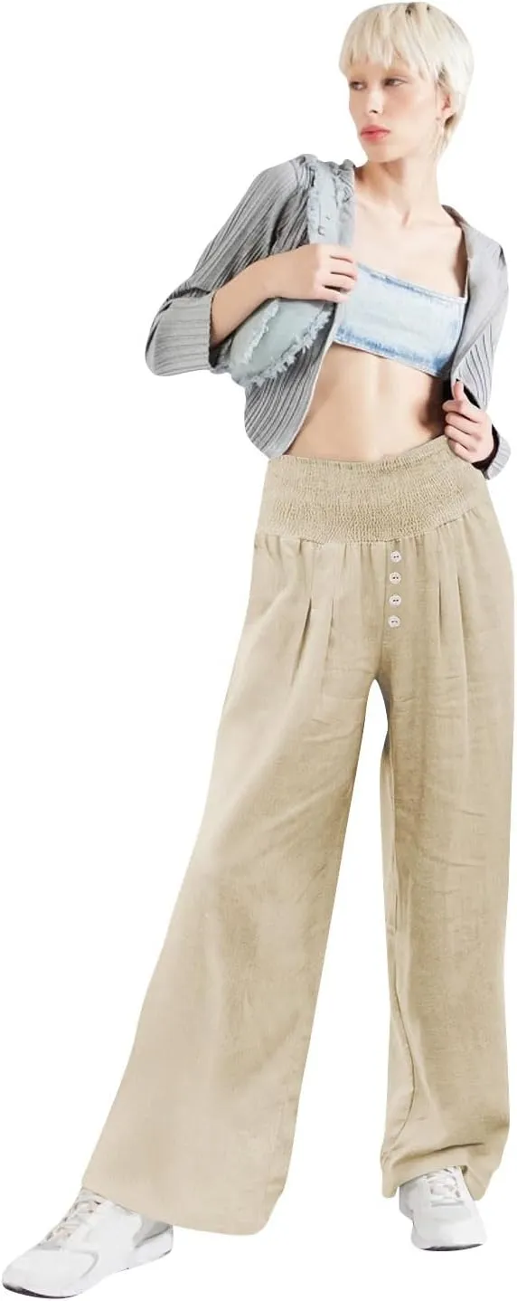 Women Summer High Waisted Cotton Linen Palazzo Pants Wide Leg Long Lounge Pant Business Casual Trousers Slacks Pockets