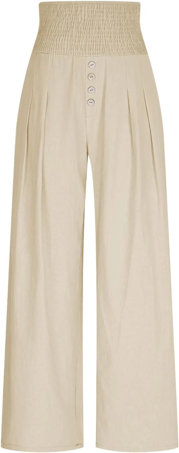 Women Summer High Waisted Cotton Linen Palazzo Pants Wide Leg Long Lounge Pant Business Casual Trousers Slacks Pockets