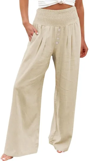 Women Summer High Waisted Cotton Linen Palazzo Pants Wide Leg Long Lounge Pant Business Casual Trousers Slacks Pockets