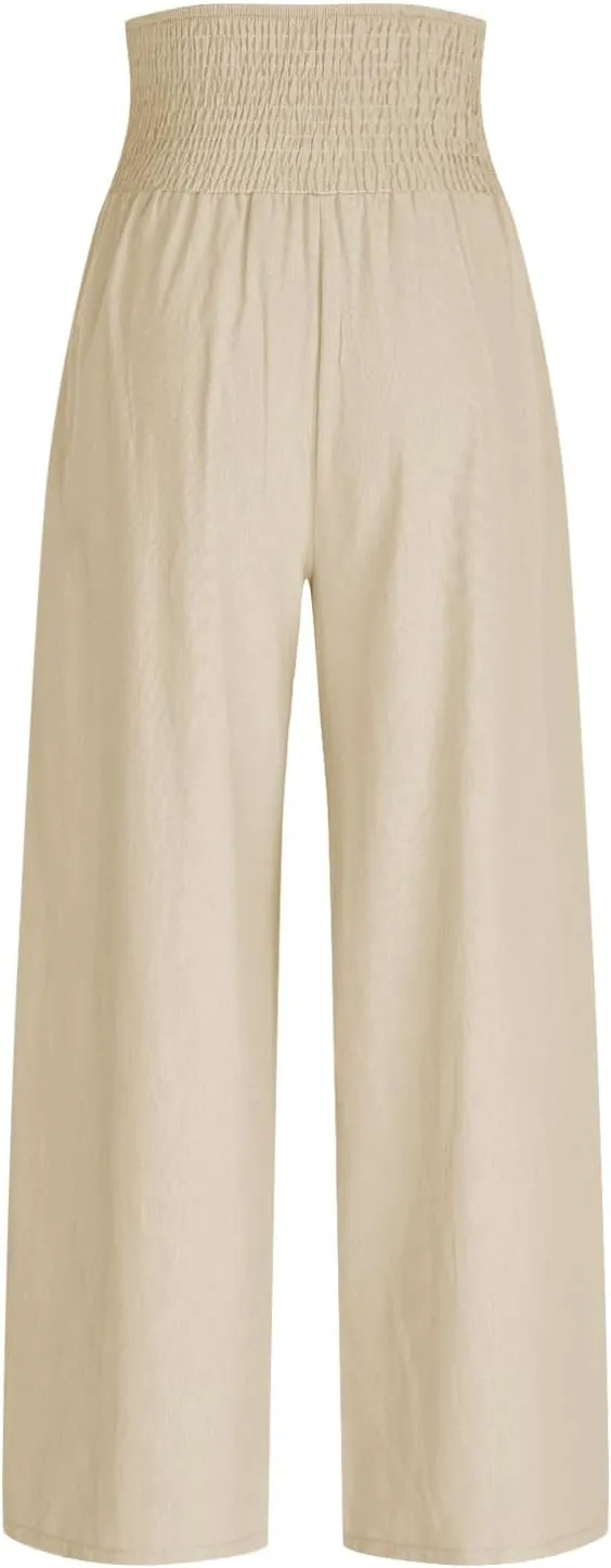 Women Summer High Waisted Cotton Linen Palazzo Pants Wide Leg Long Lounge Pant Business Casual Trousers Slacks Pockets