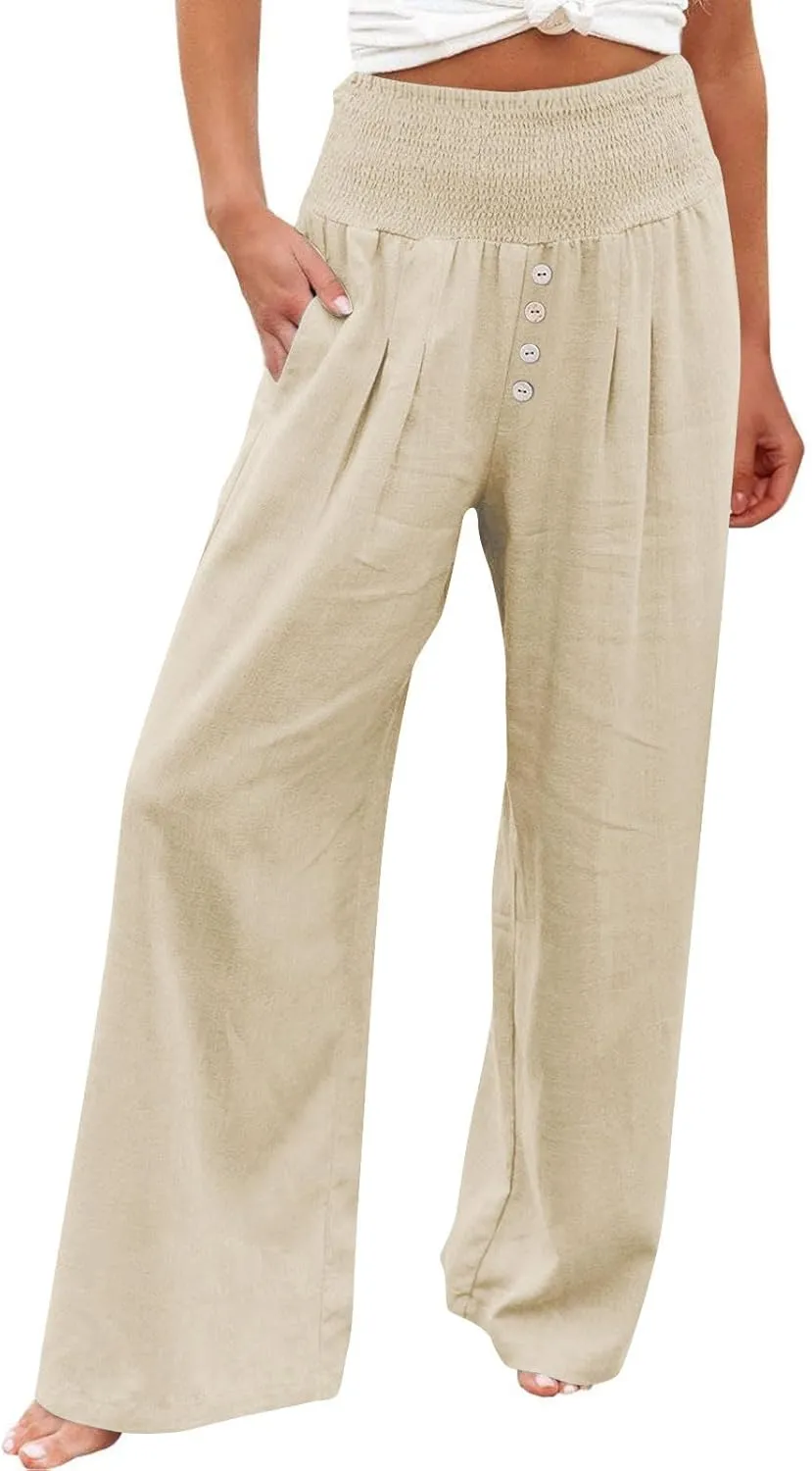 Women Summer High Waisted Cotton Linen Palazzo Pants Wide Leg Long Lounge Pant Business Casual Trousers Slacks Pockets