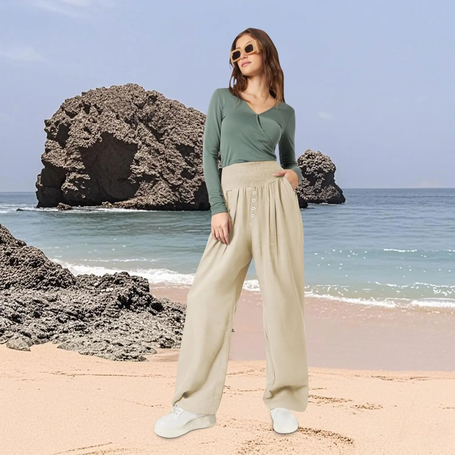 Women Summer High Waisted Cotton Linen Palazzo Pants Wide Leg Long Lounge Pant Business Casual Trousers Slacks Pockets