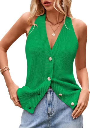 Women Sweater Vest Button Down V Neck Knit Tank Top Sleeveless Cardigans