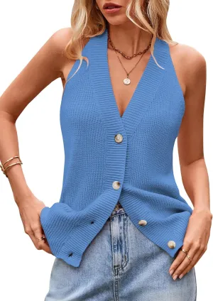 Women Sweater Vest Button Down V Neck Knit Tank Top Sleeveless Cardigans