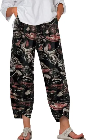 Women Trousers Wide Casual Elastic Waist Lady Pants Leg Print Flowers Pants Womens High Waist (O-Black, M)
