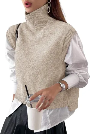 Women Turtleneck Crop Sweater Vest Sleeveless High Neck Solid Loose Fit Knitted Causal Jumper Top Streetwear