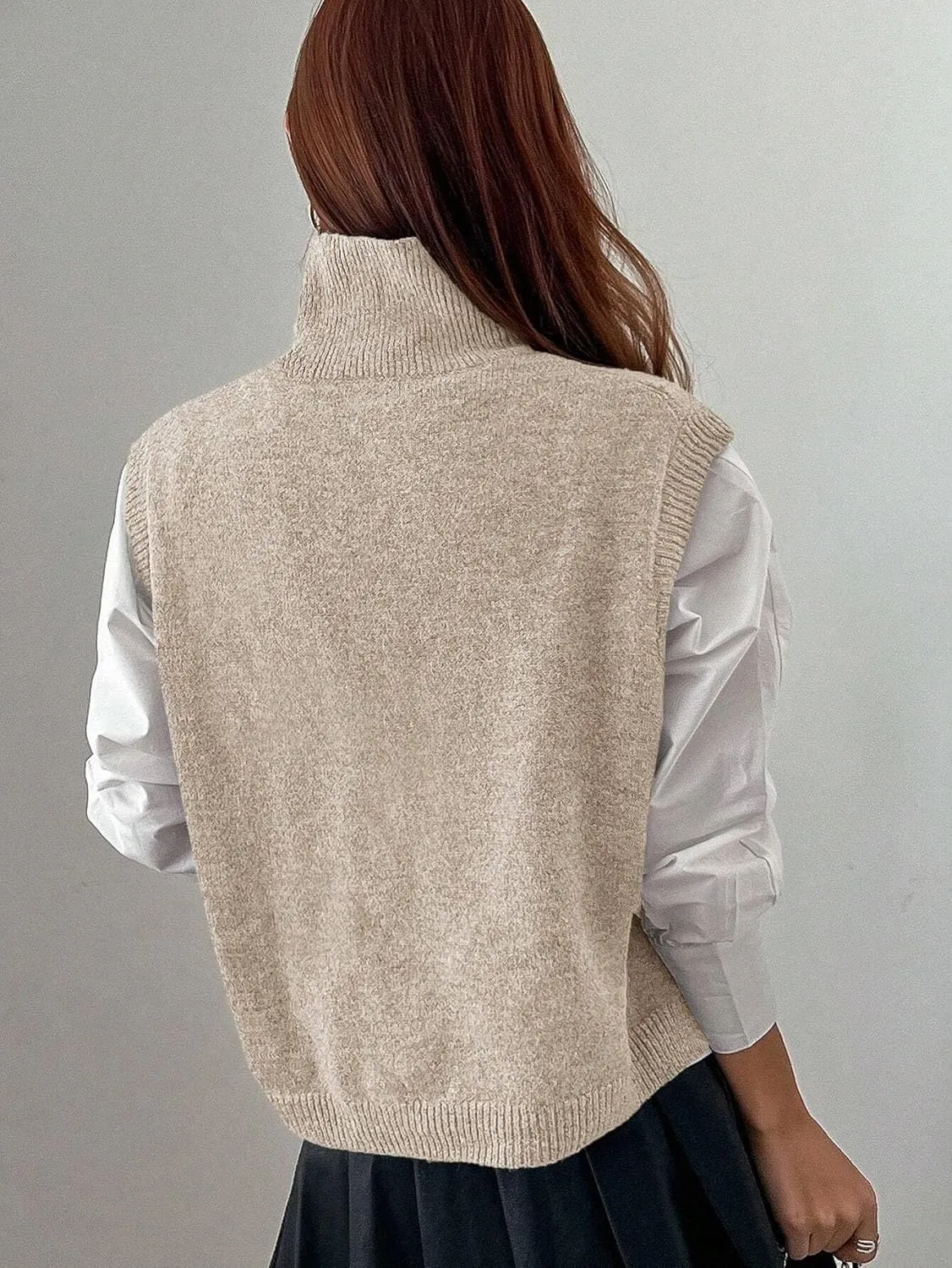Women Turtleneck Crop Sweater Vest Sleeveless High Neck Solid Loose Fit Knitted Causal Jumper Top Streetwear