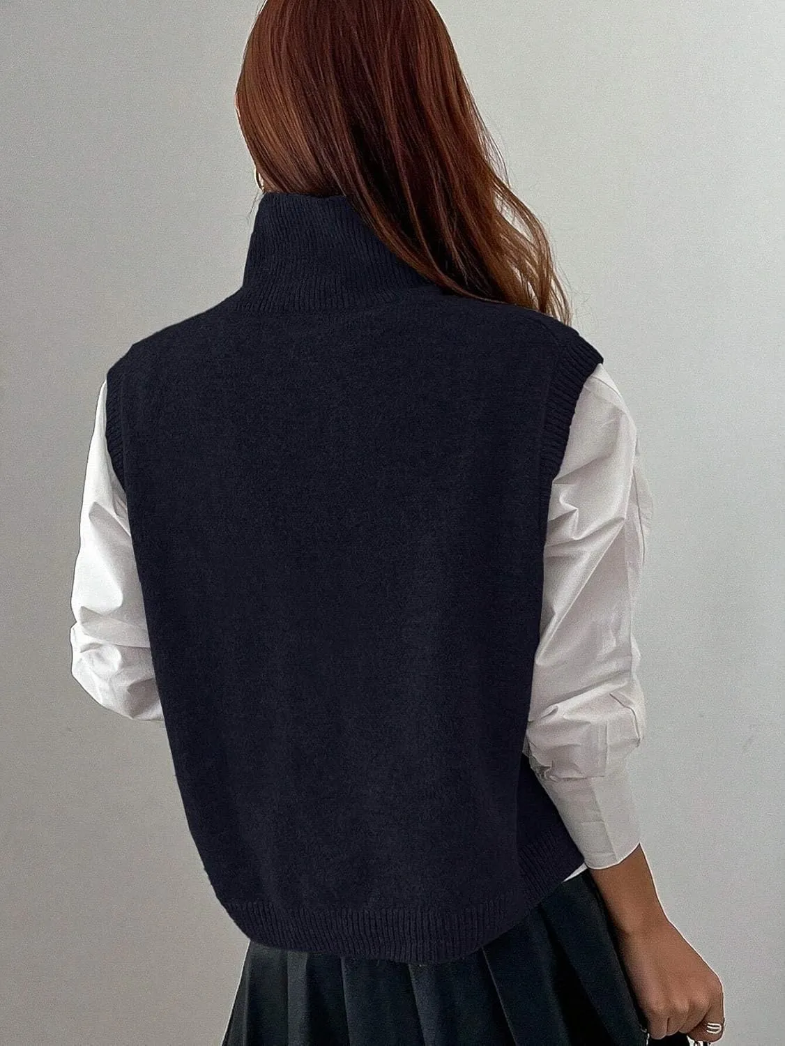 Women Turtleneck Crop Sweater Vest Sleeveless High Neck Solid Loose Fit Knitted Causal Jumper Top Streetwear