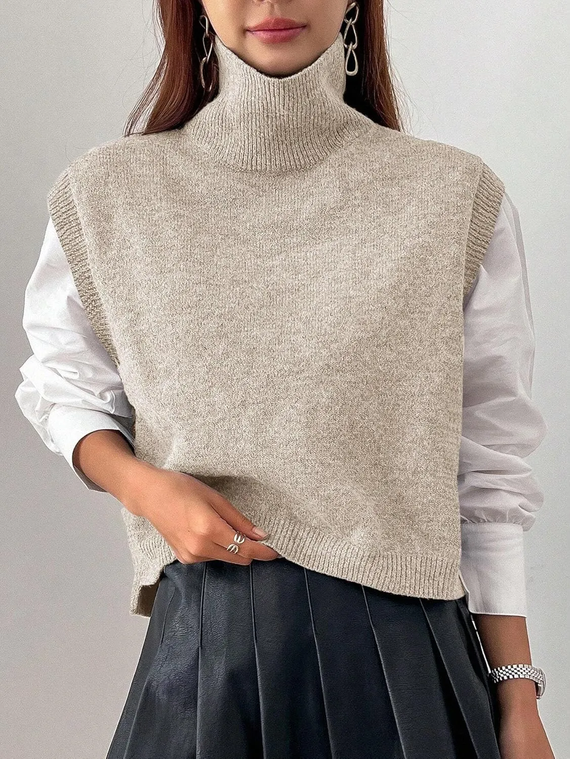 Women Turtleneck Crop Sweater Vest Sleeveless High Neck Solid Loose Fit Knitted Causal Jumper Top Streetwear