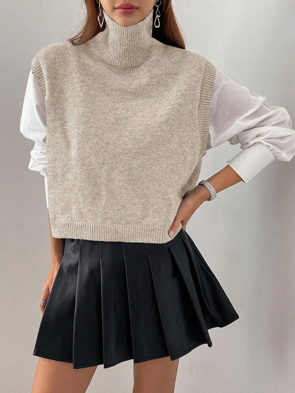 Women Turtleneck Crop Sweater Vest Sleeveless High Neck Solid Loose Fit Knitted Causal Jumper Top Streetwear