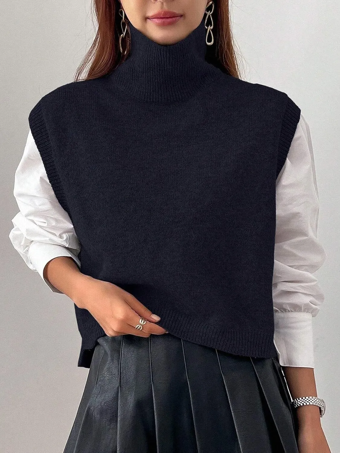 Women Turtleneck Crop Sweater Vest Sleeveless High Neck Solid Loose Fit Knitted Causal Jumper Top Streetwear