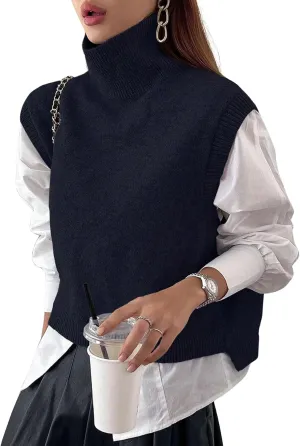 Women Turtleneck Crop Sweater Vest Sleeveless High Neck Solid Loose Fit Knitted Causal Jumper Top Streetwear