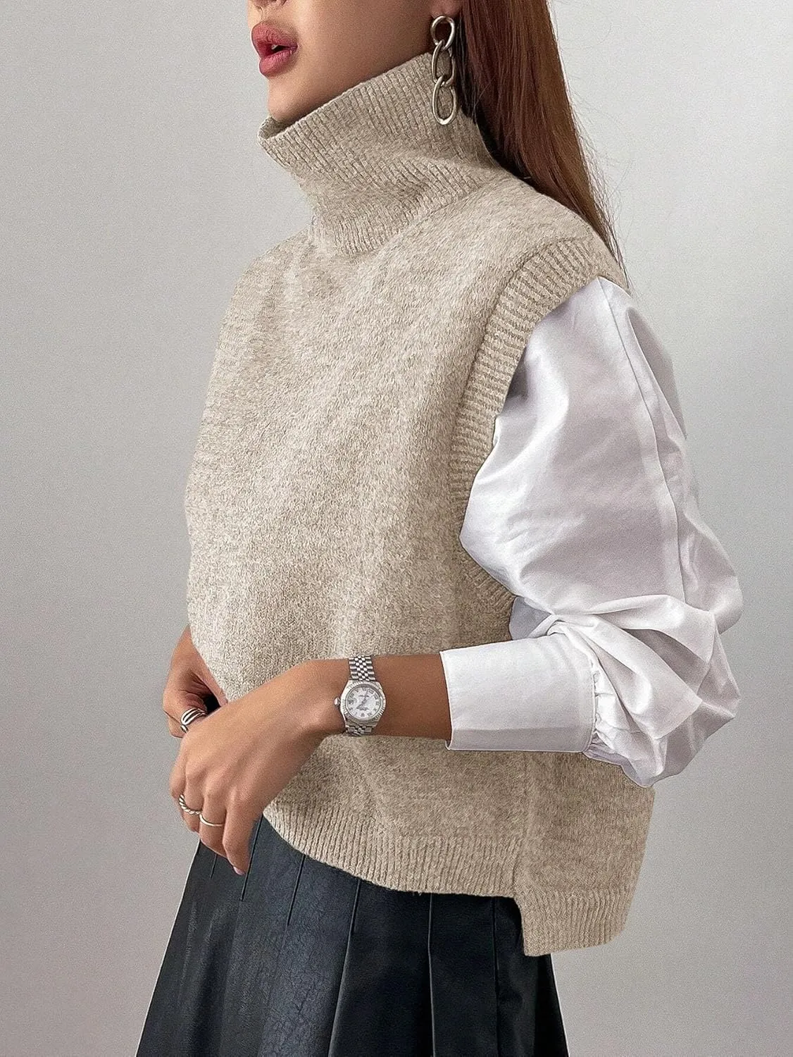 Women Turtleneck Crop Sweater Vest Sleeveless High Neck Solid Loose Fit Knitted Causal Jumper Top Streetwear